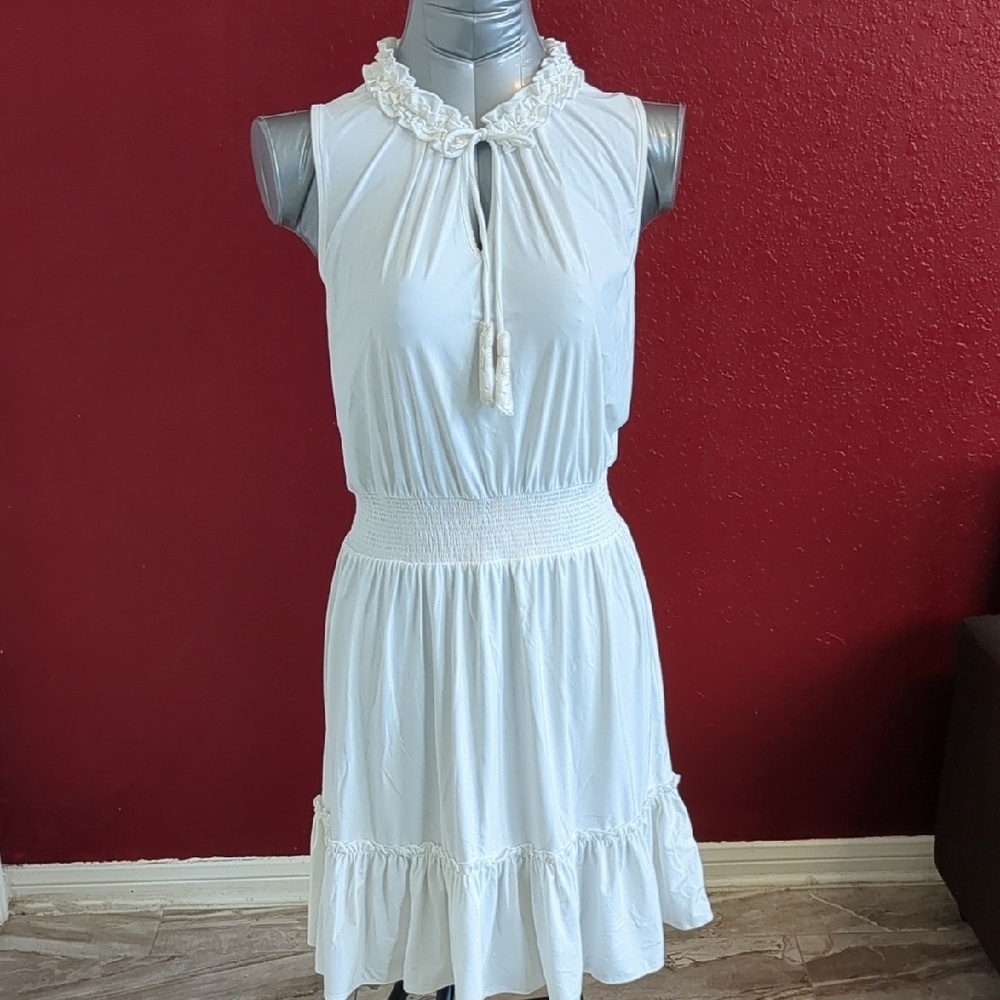 CABANA LIFE Off White-Smock Waist Sleeveless Tassels Wraffle Dress UPF50+Size L